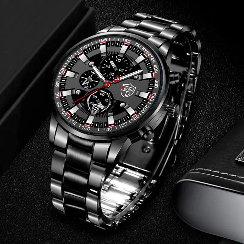 3 szt./zestaw 1 szt. Modny męski kalendarz sportowy ze stali nierdzewnej Kwarcowy zegarek i 1 szt. męska bransoletka i 1 szt. męski naszyjnik