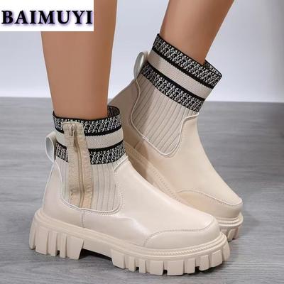 Platform Ankle Boots Women Chunky Shoes Fashion Sock Snow Boots Woman 2025 Classic Winter Trend Zip Leather Goth Zapatos Mujer