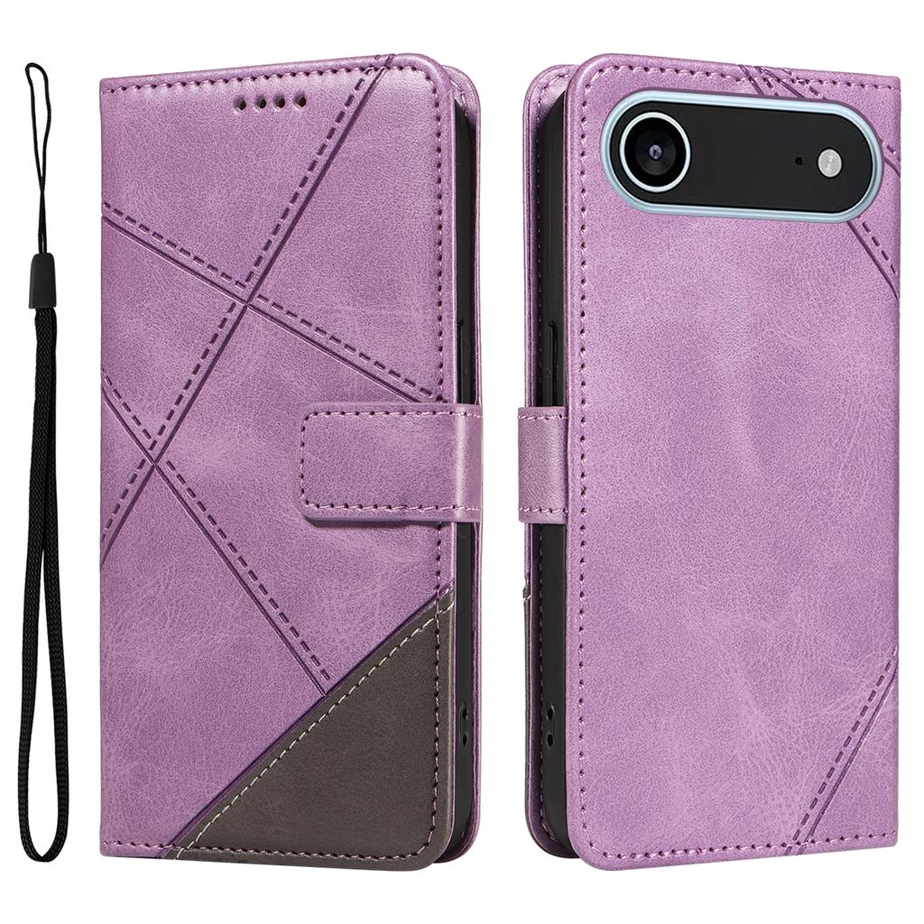 For iPhone 17 Air Leather Case Geometric Line Design Wallet Phone Cover with Wrist Strap