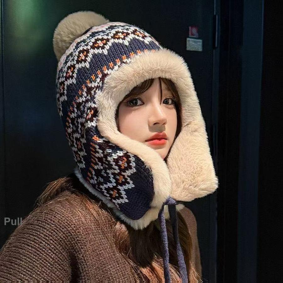 Ethnic Style Hat for Women, Winter Knit Warm Thick Fleece Headwear, Anti-Cold, Thick Fleece, Slim Face, Ear Protection Hat, Iron Hat