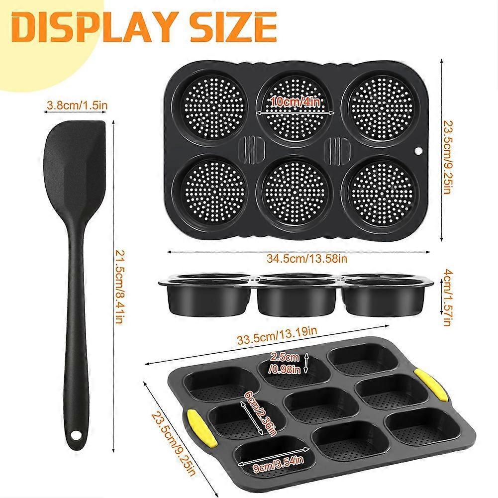Silicone French Bread Pan and Hamburger Bun Pan Set with Spatula Nonstick 9 Cup Baking Tray 6 Cup Hamburger Bun Mold