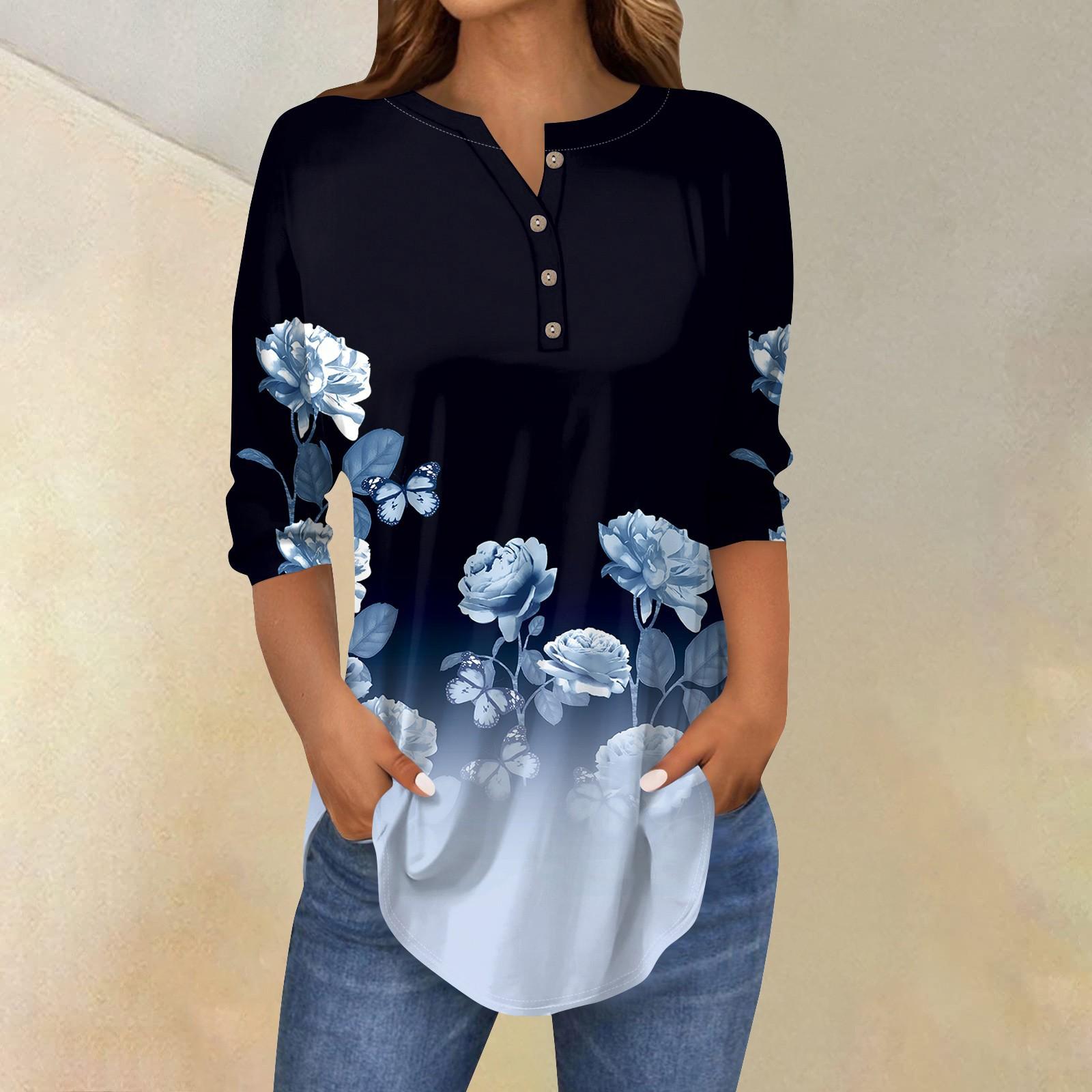 

3/4 Length Sleeve Womens Tops Summer T-Shirts Floral Print V Neck Casual Basic Tee Button Shirts Tunic Tops L Темно-синій