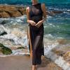 O-neck Side High Split Marszcząca sukienka Cover Up Women Mesh Przezroczysta sukienka bez rękawów z filtrem przeciwsłonecznym na wakacje