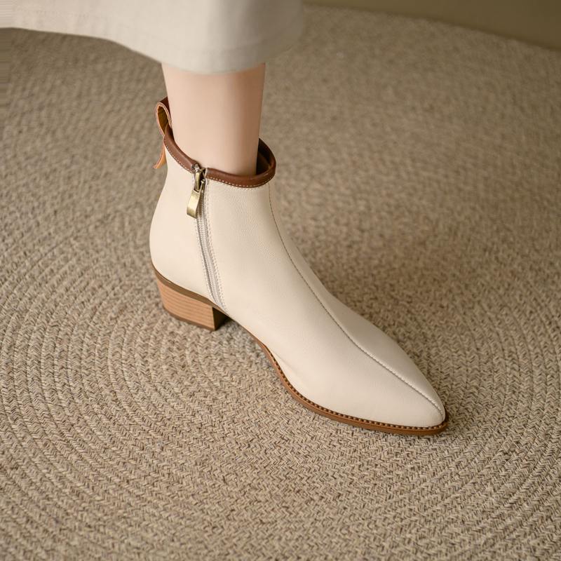 Krazing Pot Full Grain Leather Autumn Winter Shoes Med Heels Chelsea Boots Round Toe Keep Warm Zipper Mixed Color Ankle Boots