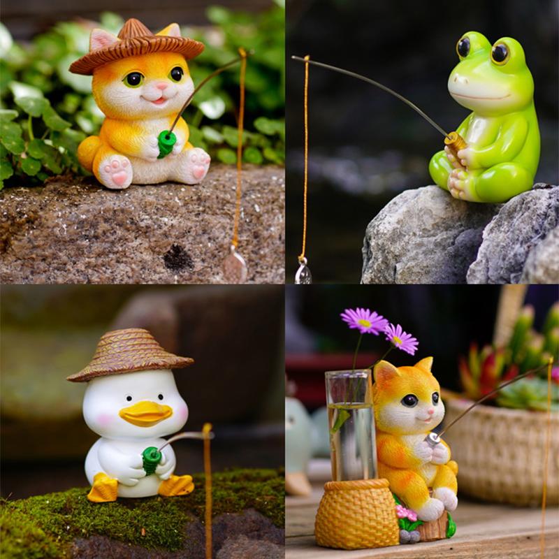 Animal Garden Statue Resin Cat Fishing Figurines Sculpture Frog Fishing Duck Fishing Yard Art Ornament For Fairy Garden Patio