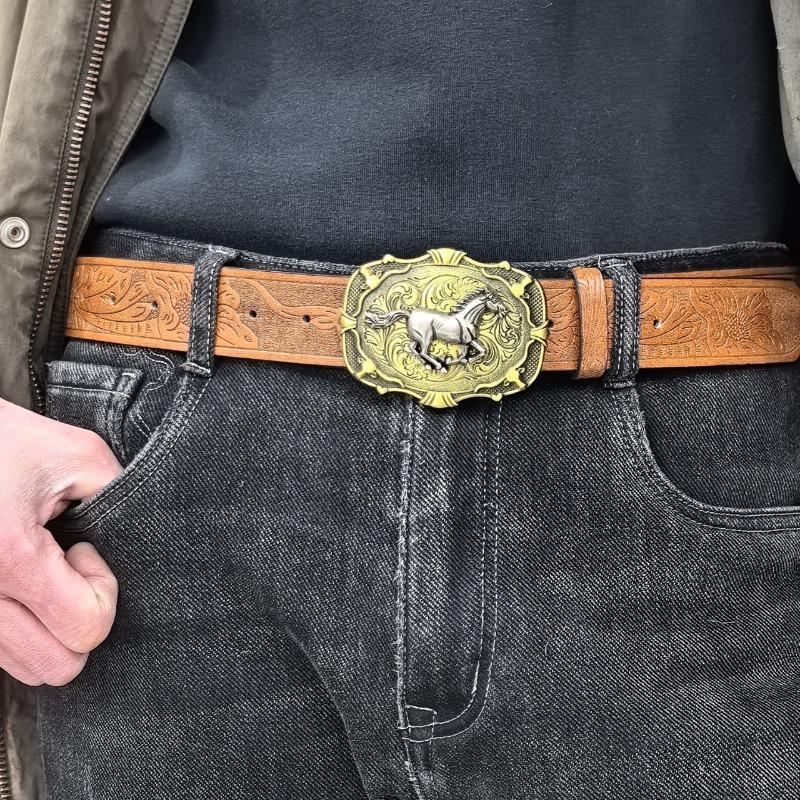 Western Cowboy Retro Bull Head Men's Belt - Embossed American Style Trendy Jeans Belt