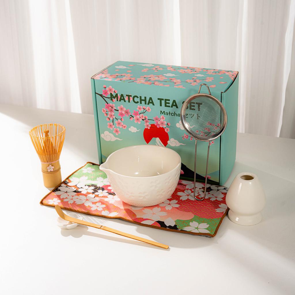 Japanese Matcha Tea Set With Cherry Blossom Pattern, Bamboo Whisk, Ceramic Matcha Bowl, Matcha Making Kit, Tea Utensils Set Gift