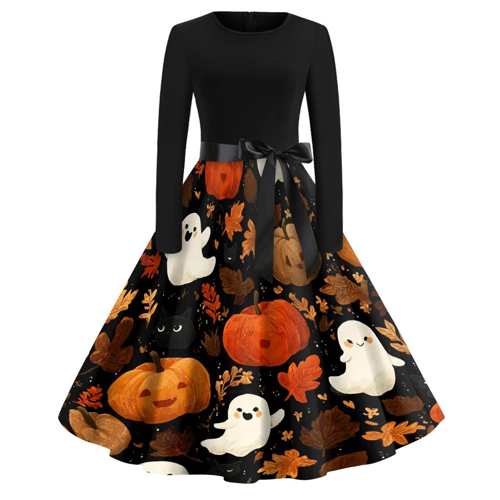 Women Vintage Halloween Print Long Sleeve Crew Neck Dress with Belt Retro Casual Fit and Flare Midi Dress for Holiday Party