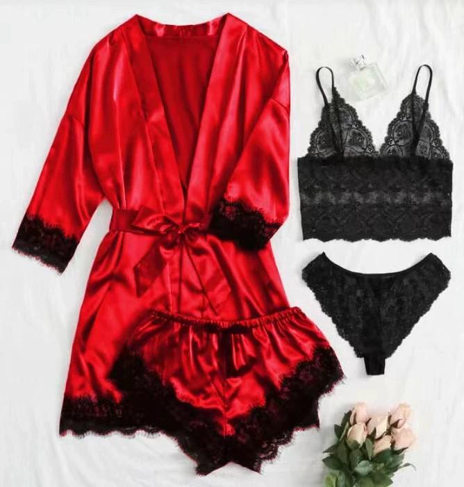 European Luxury V-Neck Lace Satin Pajamas & Nightgown Set - Includes Camisole & 3/4 Sleeve Robe, 4-Piece Women's Sleepwear.
