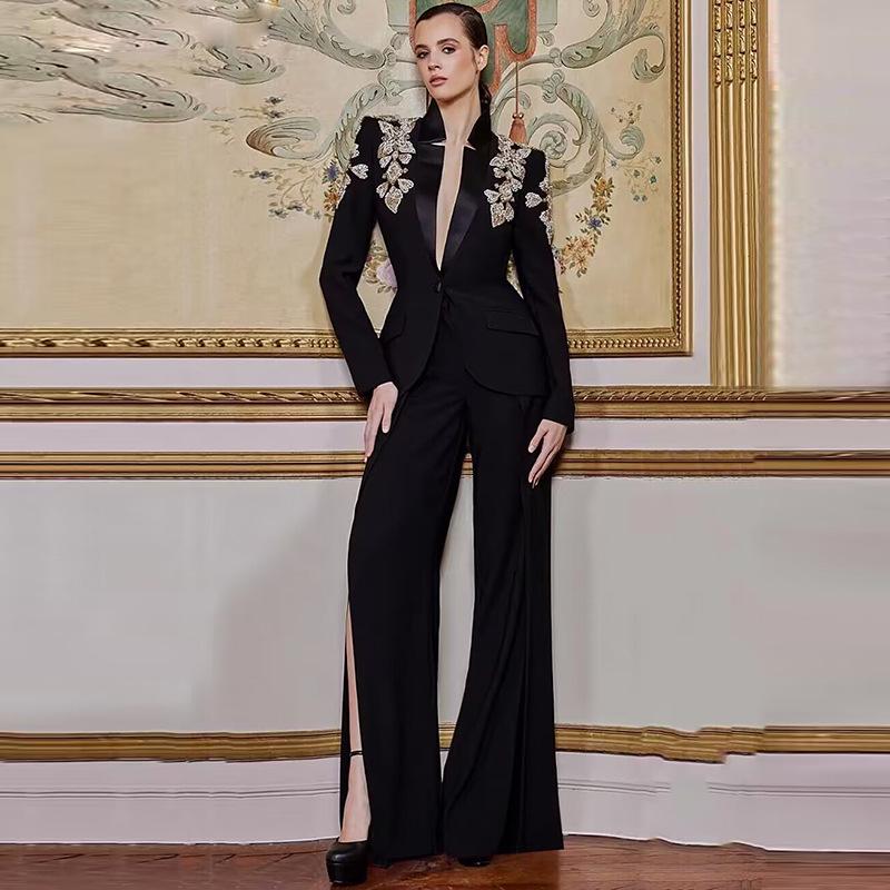 High-End Embroidered Rhinestone Suit Jacket with Slit Pants - Early Spring 2026 Collection