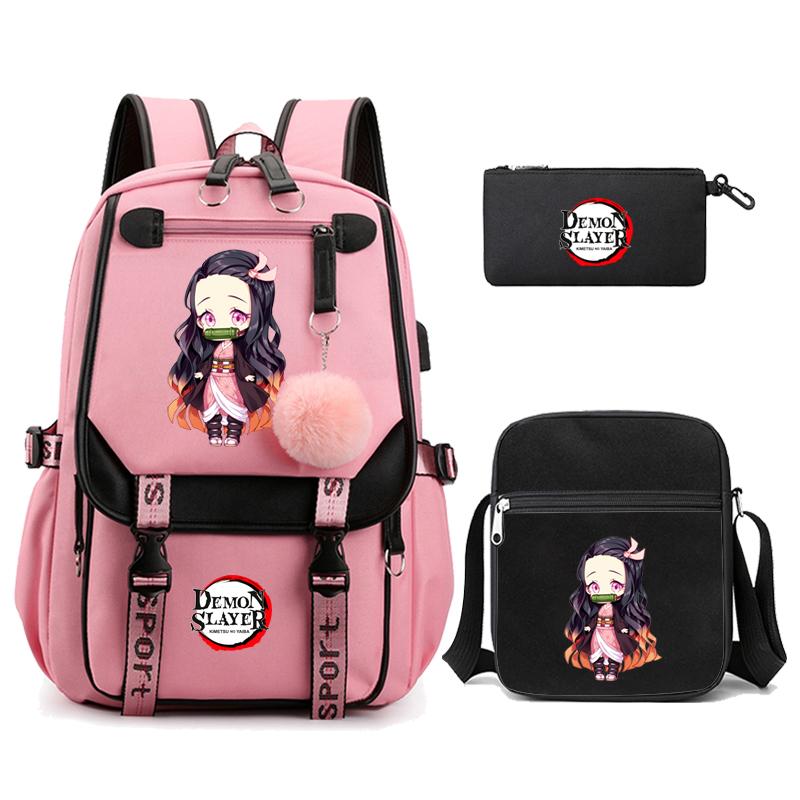 3Pcs/set Demon Slayer Kamado Nezuko Backpacks for Girls Anime School Bag Teenager Student Canvas Laptop Back Pack Women Rucksack