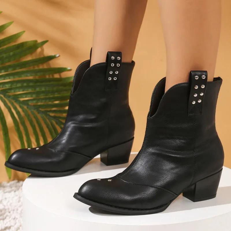 2025Block Heel Leather Boots New Round Toe Rhinestone Sleeve Non-slip Wear-resistant All-match Booties for Autumn and Winter