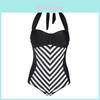 Elegante Costume da Bagno Nero con Scollo a V Profondo e Spalline Sottili Taglie Forti per Costumi da Bagno a Strisce Donna