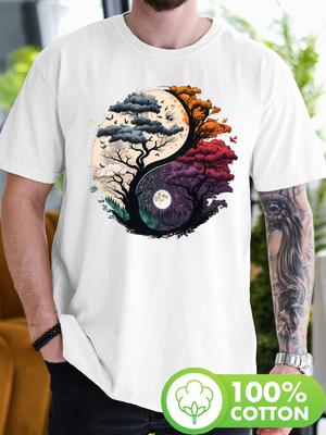 Mens YinYang Life Tree Pattern Tshirt 100 Pure Cotton Shortsleeved Top Bright Colorblocking Design Durable Printed Shirt
