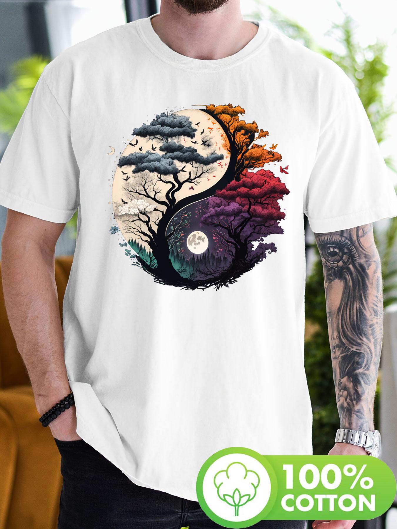 Mens YinYang Life Tree pattern Tshirt 100 pure cotton shortsleeved top bright colorblocking design durable printed shirt S