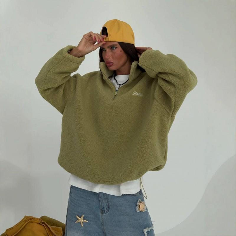 Womens Fleece Pullover Hoodie With Stand Collar Zipper Front Loose Fit Winter Casual Top Olive White