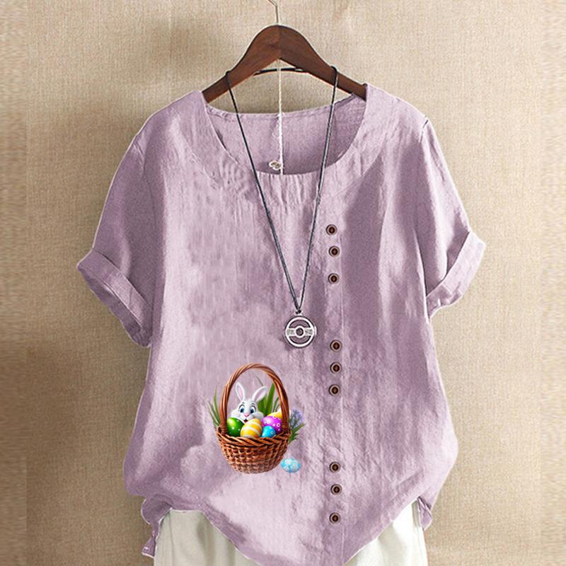 Women's Fashion Round Neck Short Sleeve T-shirt Casual Cotton Linen Graphic Shirt Leisure Loose Rabbit Prined Summer Blouse Tops