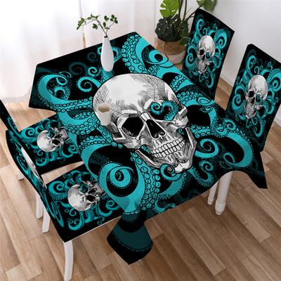 Blaue Totenkopf-Tischdecke, Gothic-Tischdecke, Schwarz-Weiß-Aquarell, dekorative Tischdecke, waschbare, schmutzabweisende Tischdecke