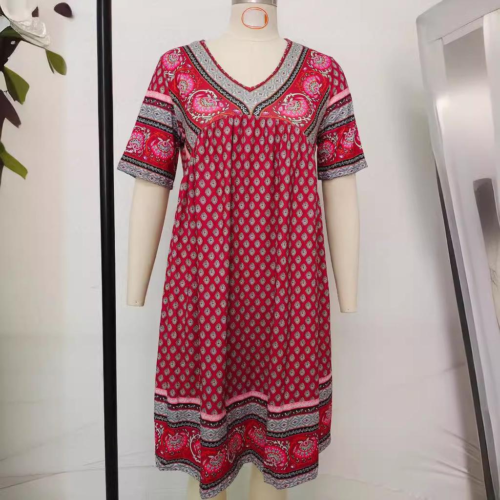 VEZFAA Damenmode Sommer Frühling Einfarbig Druck Kurzarm V-Ausschnitt Lose Taille Freizeitkleider