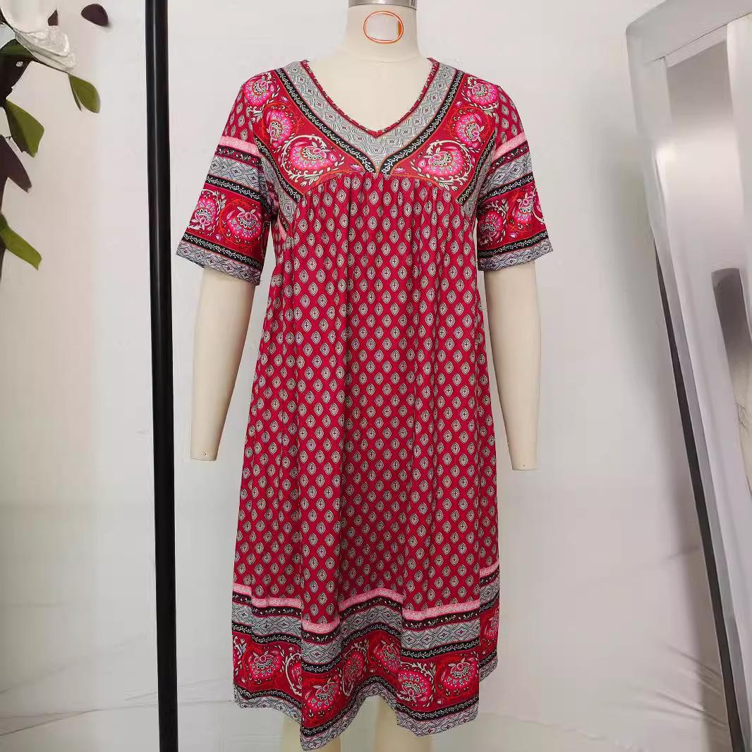 

VEZFAA Женская мода лето весна однотонный принт короткий рукав V-образный вырез свободная талия повседневные платья XXL бордовый