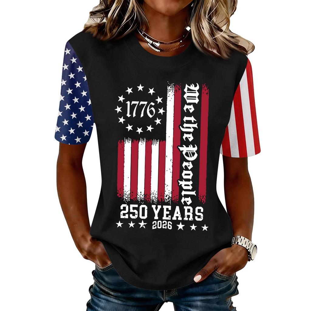 Blusa Feminina da Moda Casual de Manga Curta com Estampa e Gola Redonda