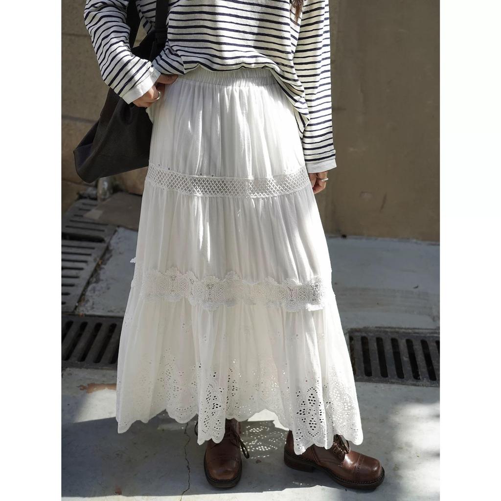 Women's High Waist A-line Lace Patchwork Skirt with French Embroidery - Spring 2026 Collection