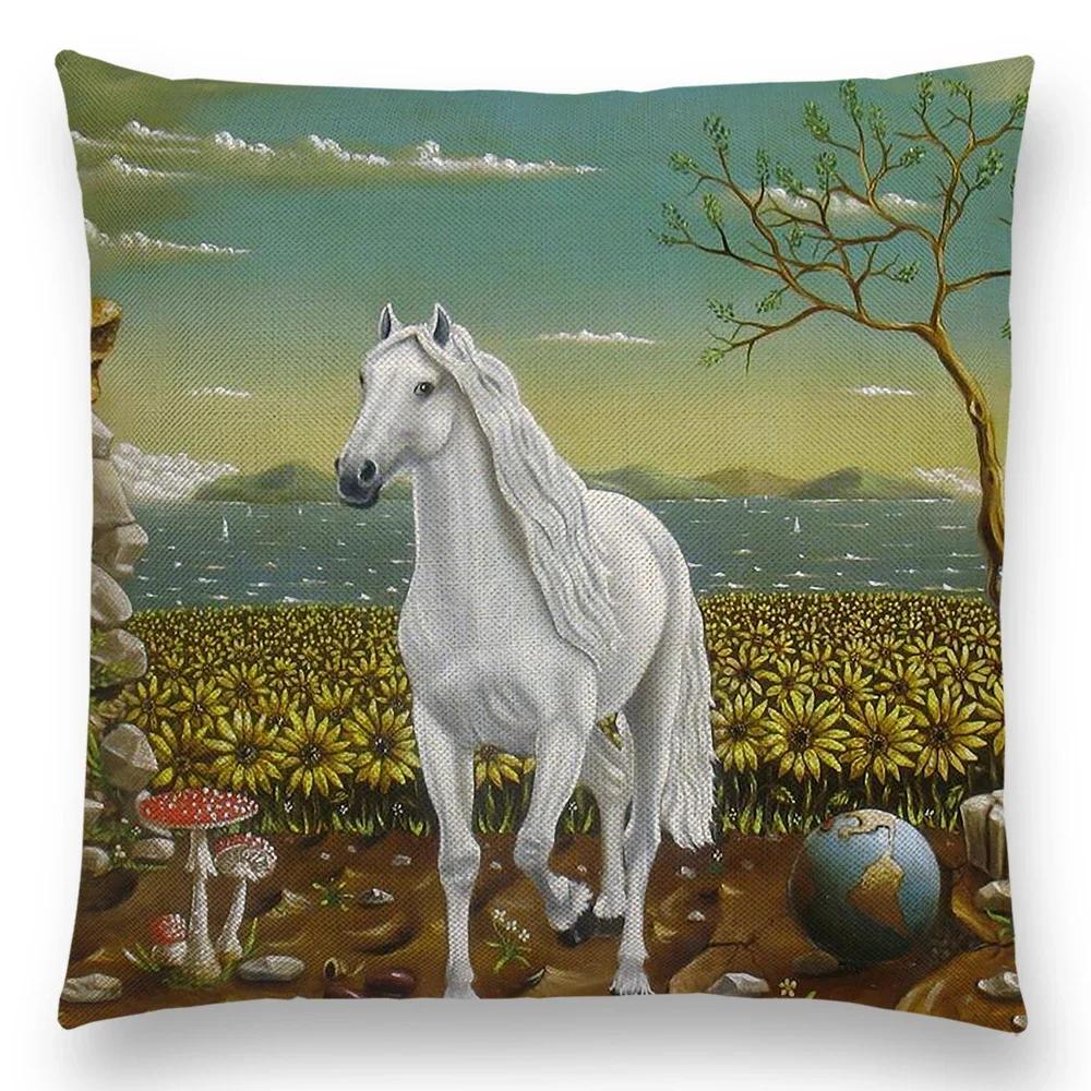 Horse Oil Painting Pillow Case Home Decor Vintage Cushion Cover for Sofa Car Linen Pillow Cover Home Decorative Drop Shipping
