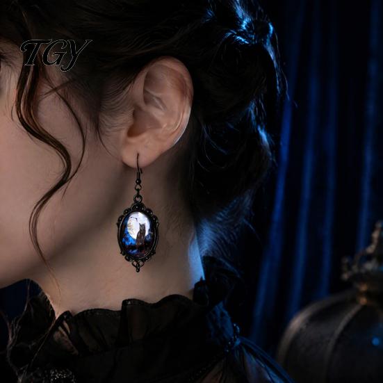 Niche Design Transparent Time Gem Jewelry 1 Pair Halloween Gothic Black Cat Earrings for Women, Vintage Durable Zinc Alloy Retro Dark Punk Style