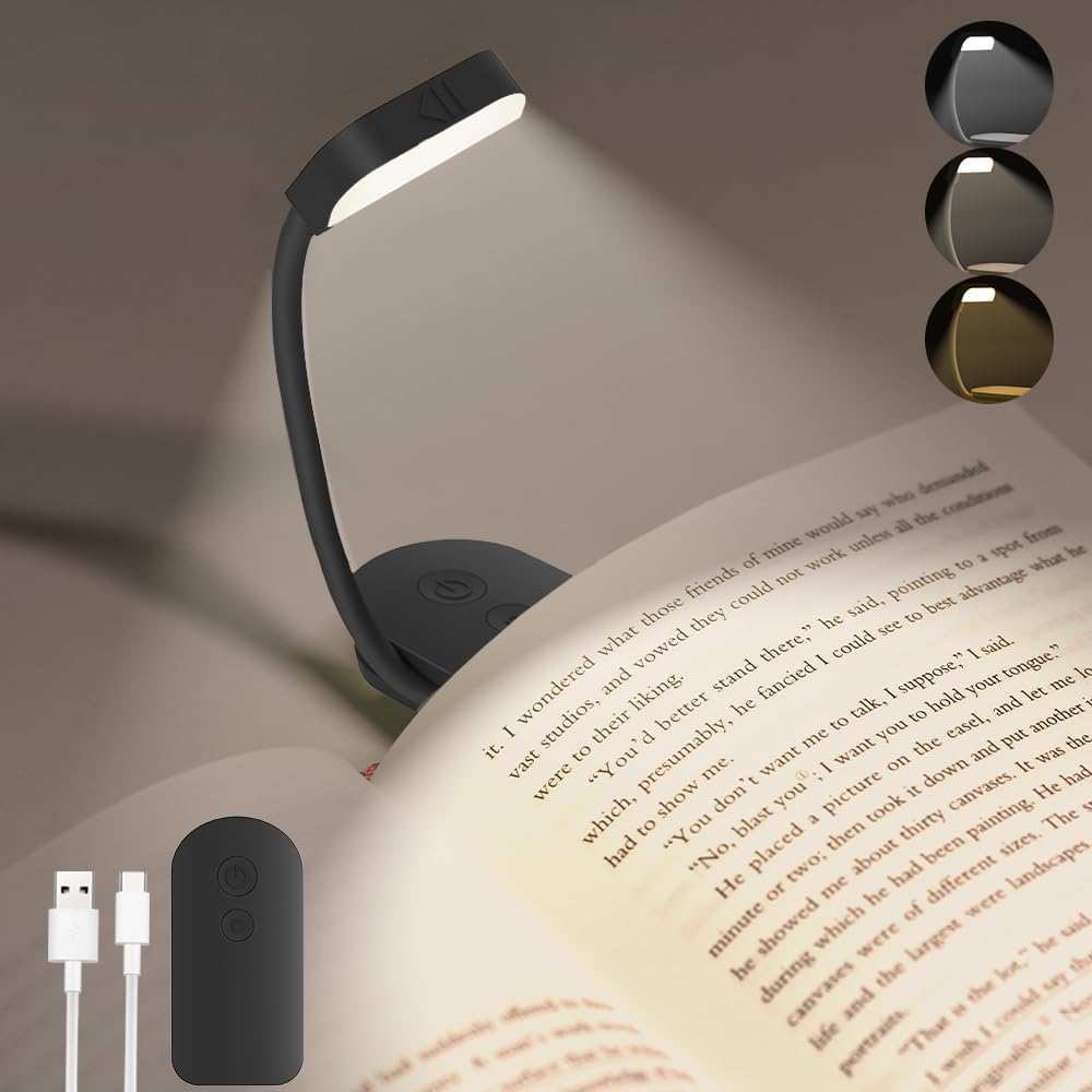 Book Lights Rechargeable Mini Clip on Reading Light with 3 Colors & Foldable Hose Dimmable LED Book Lamp Night Light for Reading