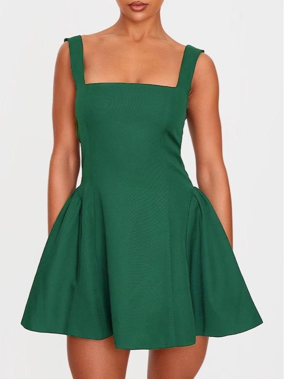 Women's Sleeveless Square Neck Cinched Waist Mini Flared Party Dress