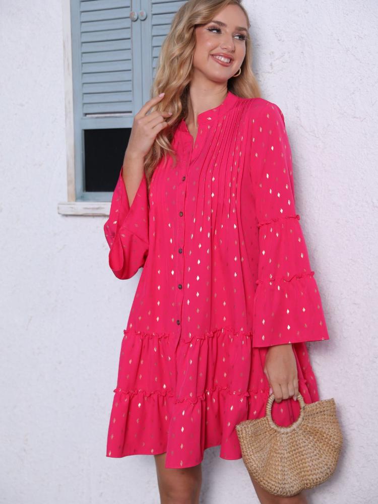 

Women s Floral Ruffled Sleeve Tiered Hem Dress with Gold Accents S розы красного