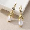 Women Vintage Golden Plated Flower Imitation Pearl Lily Pendant Earrings Inlaid Synthetic Zirconia Dangle Earrings Jewelry Craft