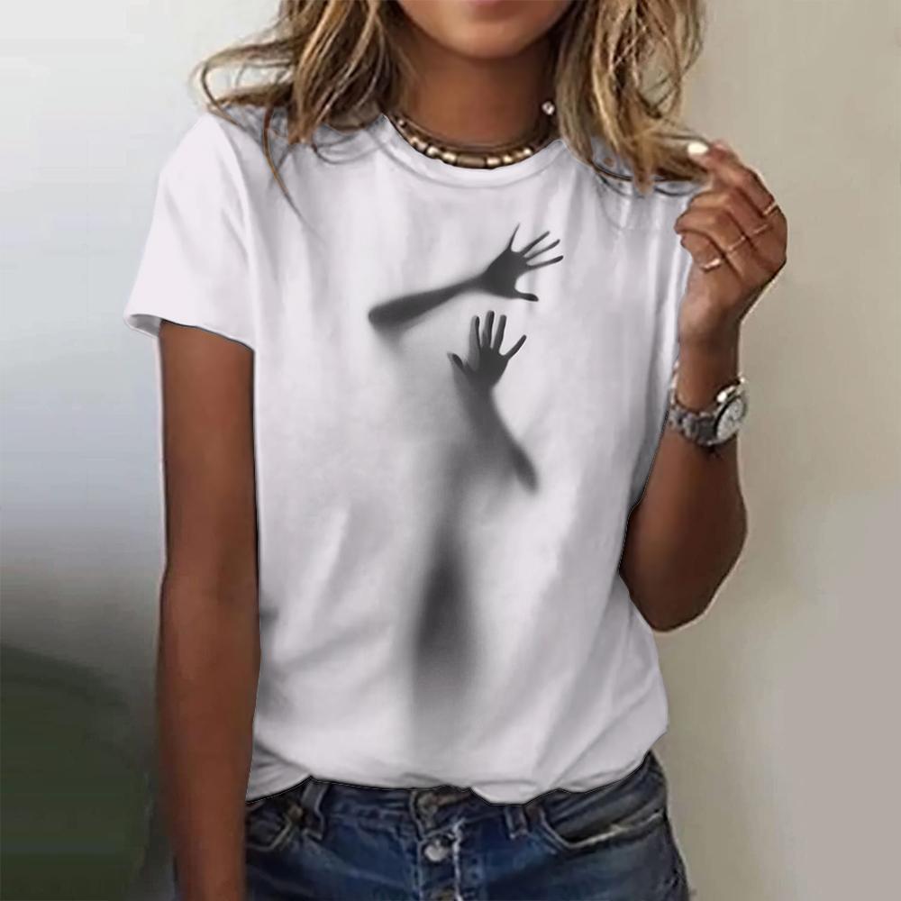 Women's T-Shirts Top Short Pullover Sleeved Art Shadow Printing Fashion Leisure Style O-Neck Harajuku Tee Shirt Female Clothing