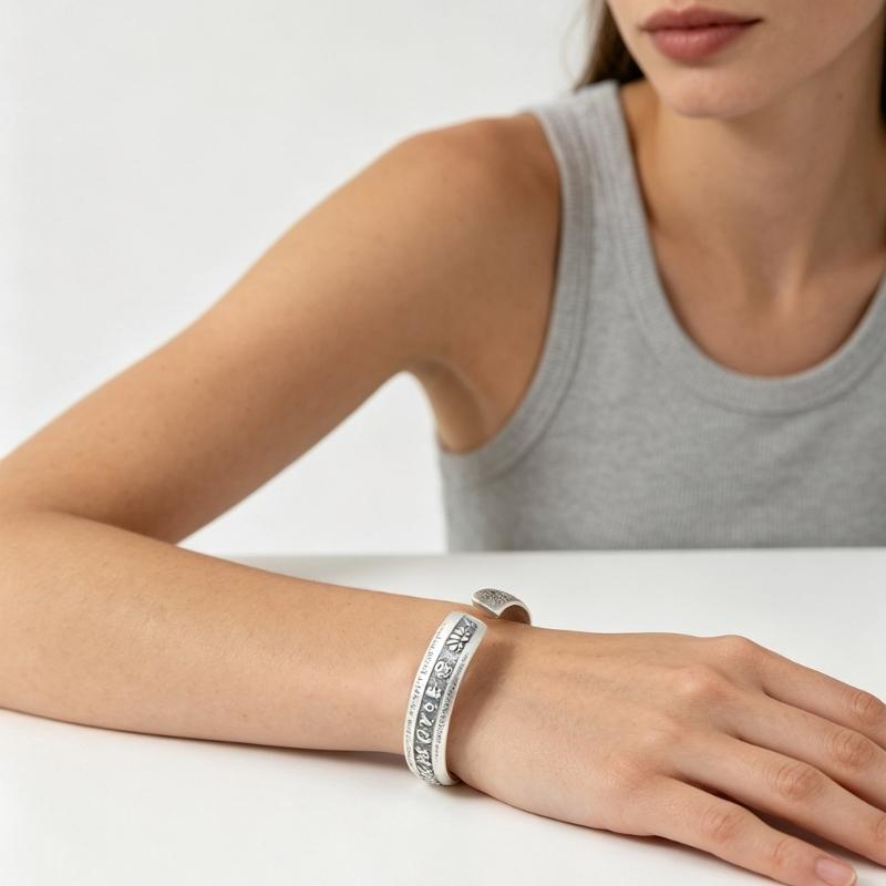 Engraved Open Cuff Bracelet with Vintage Script Detail and Floral Accent, Silver Tone Bangle for Festive Styling and Everyday Wear Use
