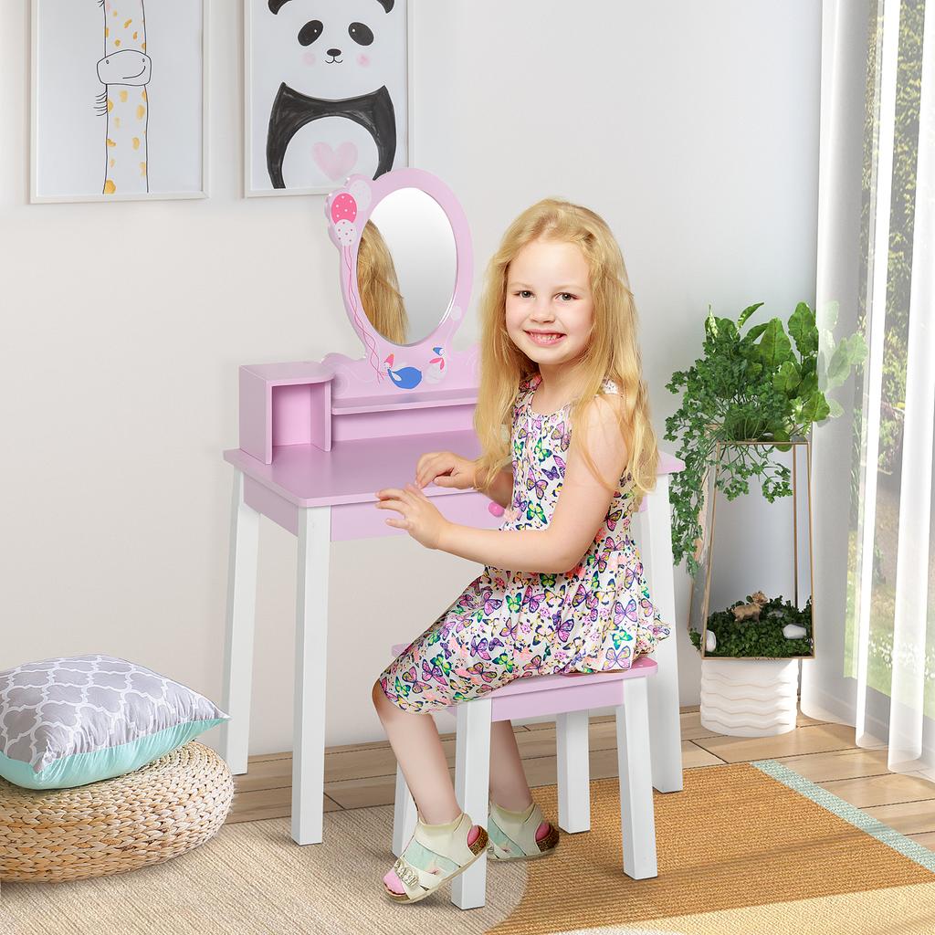 Kids Wooden Dressing Table and Stool Make Up Desk (Pink)