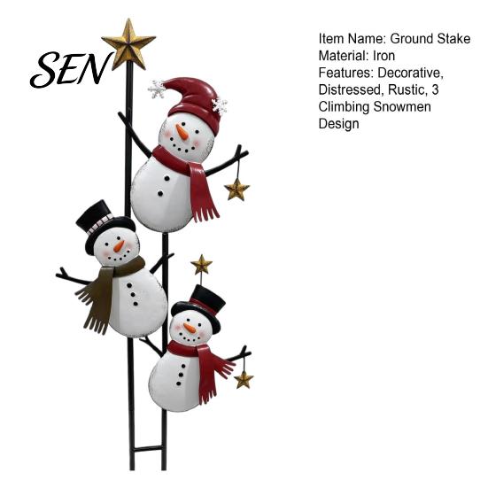 Rustic Snowman Yard Stake Vintage Metal Christmas Ground Stake, Distressed Sculpture with Three Climbing Snowmen Sign for Outdoor Garden Holiday
