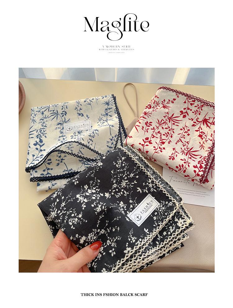 Women's Retro Floral Silk Cotton Scarf: Black Rice Square, Hair Band, Neck Warmer, Headscarf - Spring/Summer.