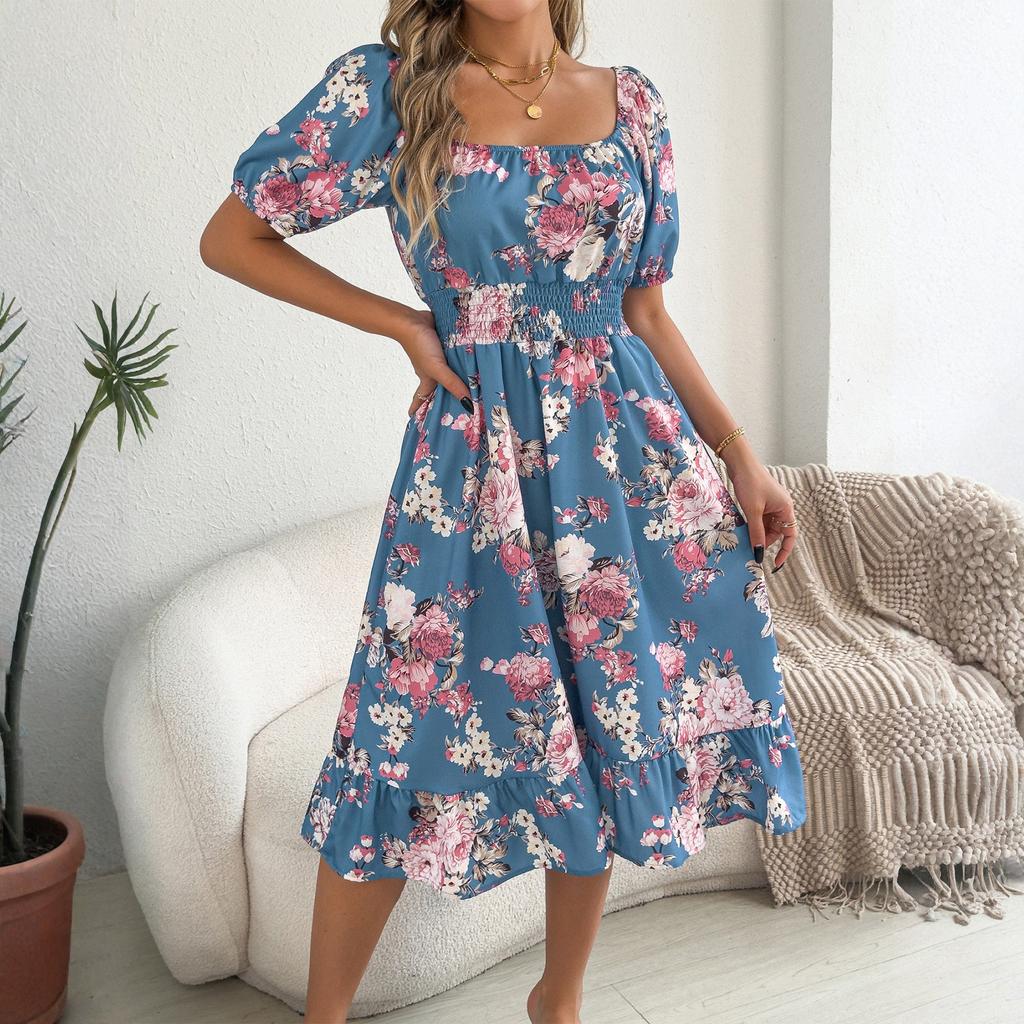 Women's Fashionable Floral Print Off Shoulder Short Sleeved Ruffle Edge Holiday Beach Loose Dress