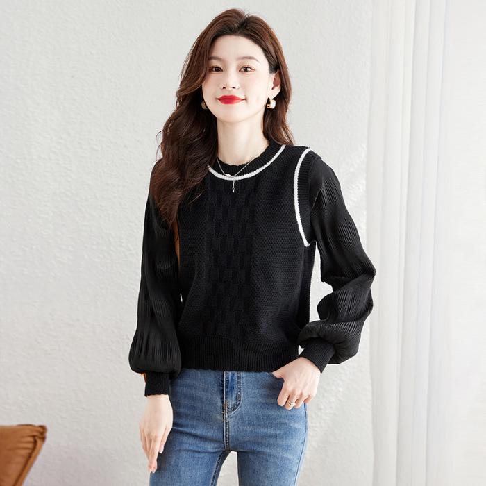 French Retro College Style Long-Sleeve Round Neck Spliced Two-Piece Shirt for Women