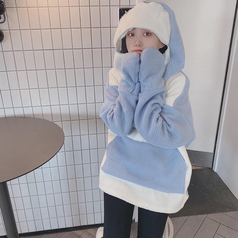Women's Cute Shark Hooded Sweatshirt - Loose Fit, Korean Style, 2025 Autumn/Winter Lamb Wool