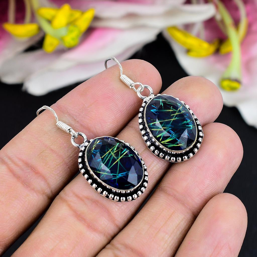 Blue Rutile Gemstone Handmade 925 Sterling Silver Jewelry Earring 1.65" KG-1757