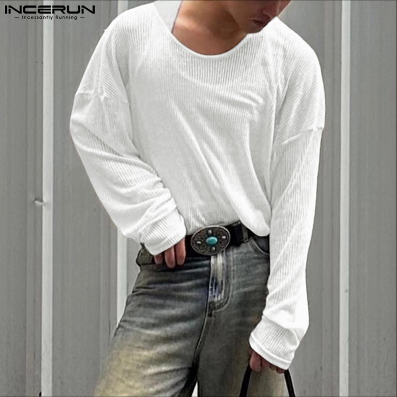 INCERUN Men Scoop Neck Long Sleeve Texture Flimsy Rib Casual Loose T-shirts Tops Undershirts