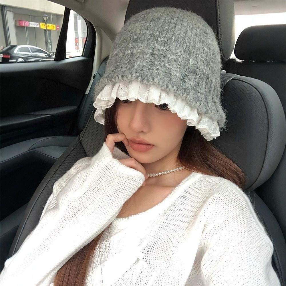 Lace Trim Women Bucket Hat Solid Color Beanie Hat Retro Knitted Fisherman Hat  Women