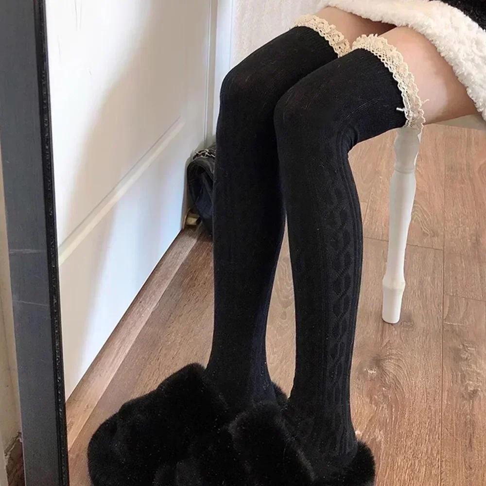 Sweet Lace Thigh High Socks Japanese Style Knitted Long Socks JK Lolita Black White Stockings Women Girls