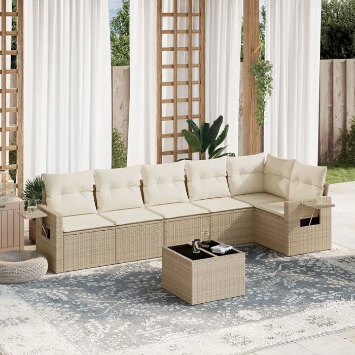 VidaXL Salon de Jardin avec Coussins 7 pcs, Canapés de Terrasse, Ensemble de Meubles de Patio, Mobilier d'Extérieur, Beige 3252535