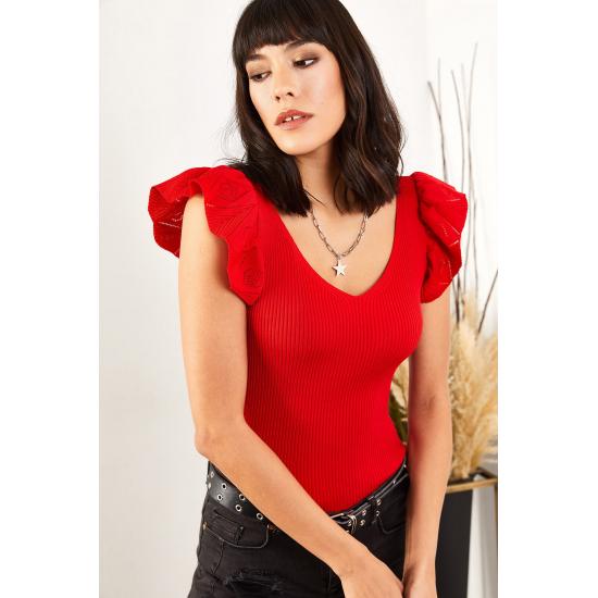 Women's Front Back V Neck Shoulder Frilly Knitwear Blouse