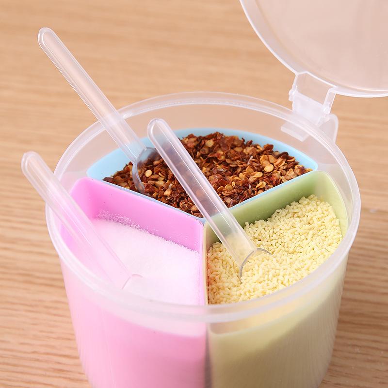 3-Grid Thickened Seasoning Box - Circular Grid Design Multi-Purpose  Kitchen Spice/Salt Storage Set with 3pcs Spoons Included