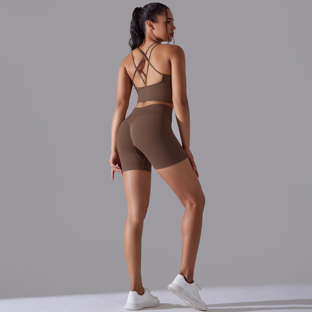 Yoga Outfits Auroth Women 2 Piece Fitness Suits High Waist Sport Shorts Back Cross Running Bra Workout Set