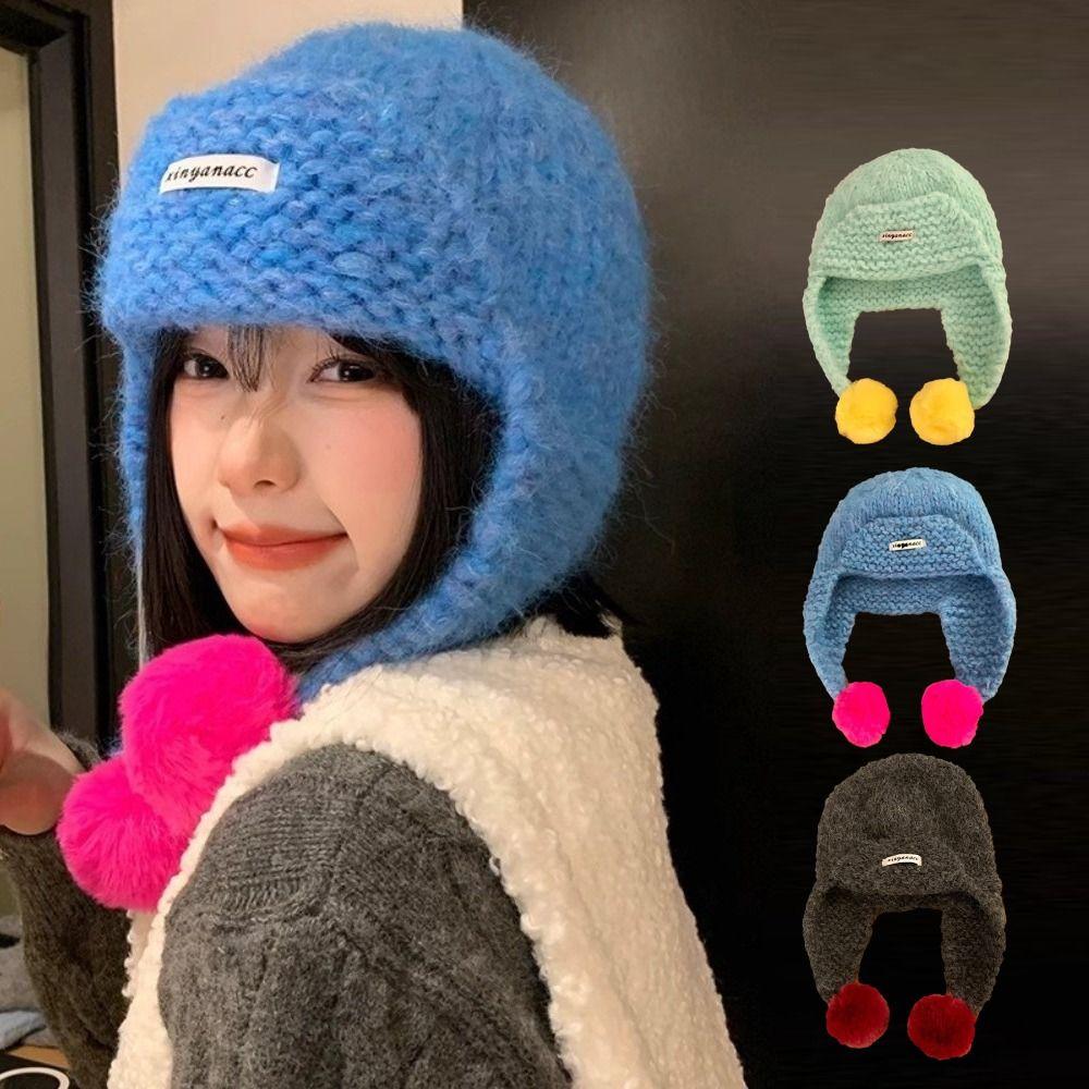 Sweet Women Knitted Cap Fluffy Pom-pom Ear Protection Caps Trendy Warm Beanie Hats  Outdoor