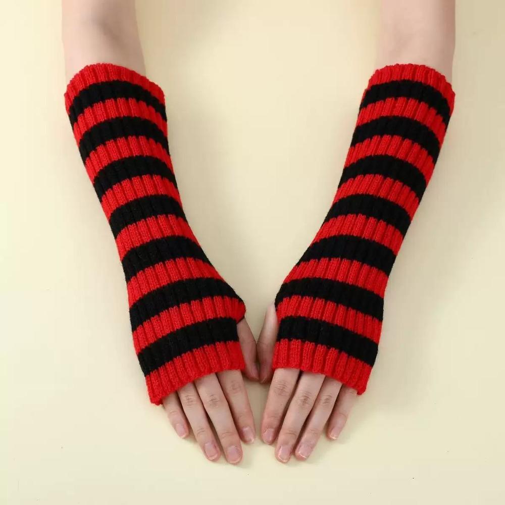 Lolita Long Fingerless Gloves Y2K Fingerless Arm Warmers Arm Cover Striped Knitted Arm Sleeves  JK